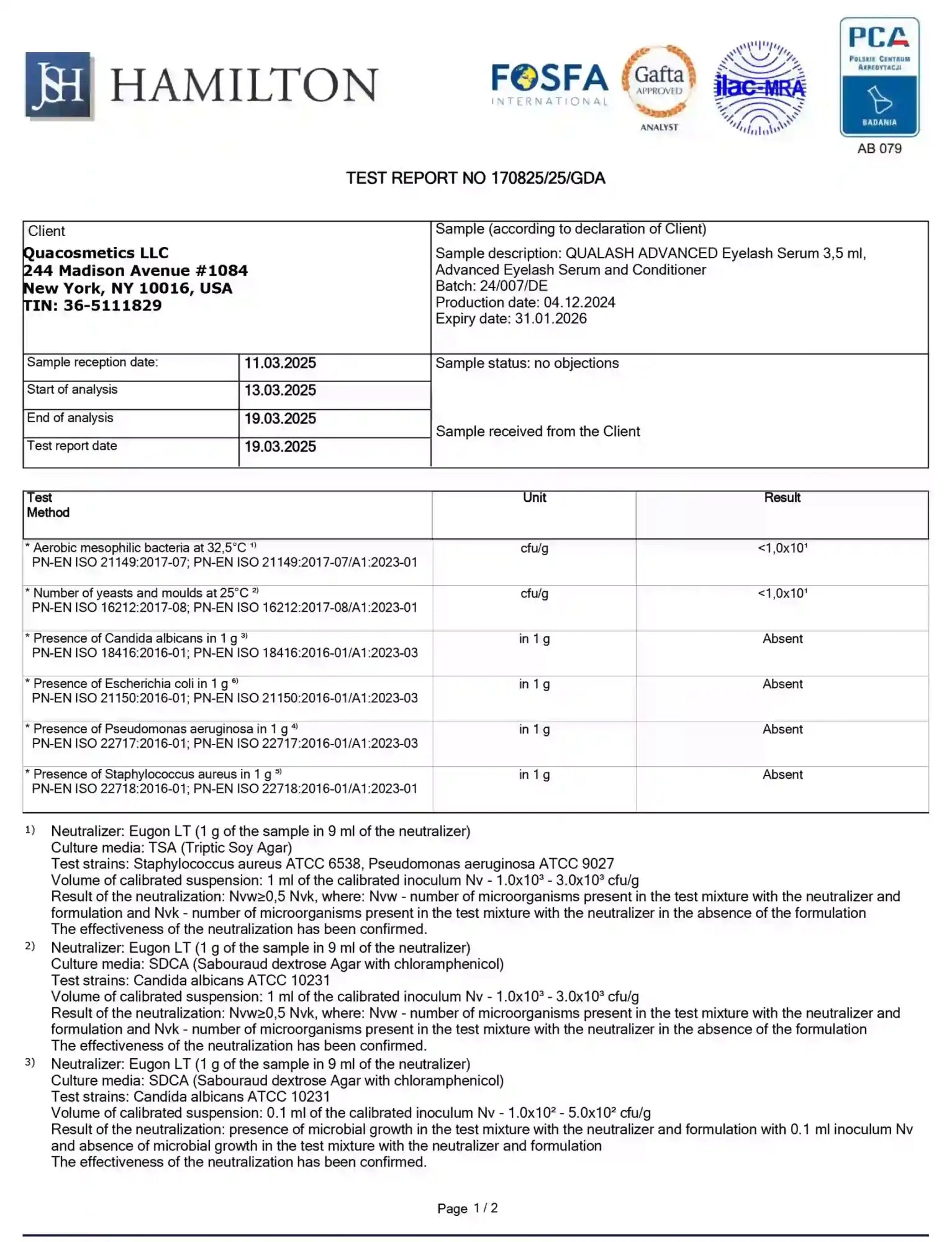 Hamilton laboratory test report for QUALASH Advanced Eyelash Serum confirming microbiological safety