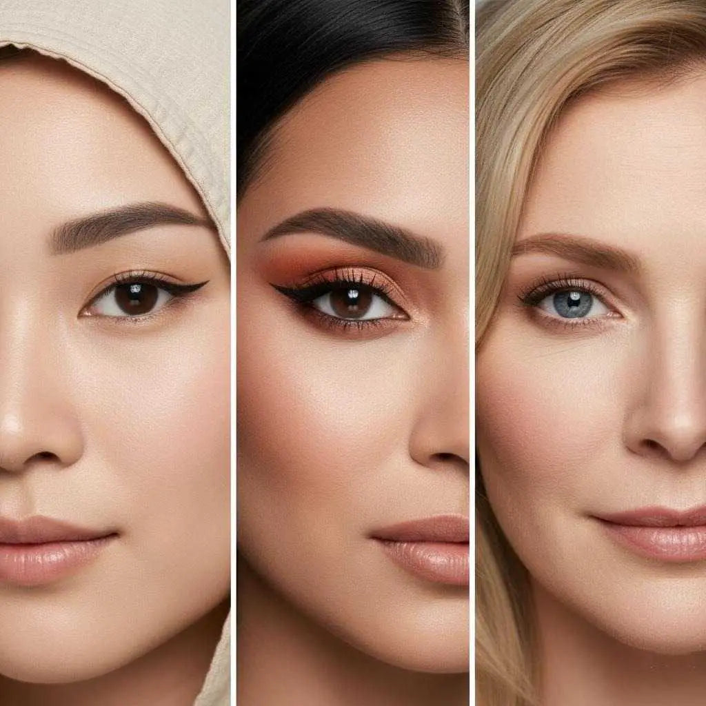 Three different women showing various eye shapes with makeup looks, including monolid, hooded, and deep-set eyes